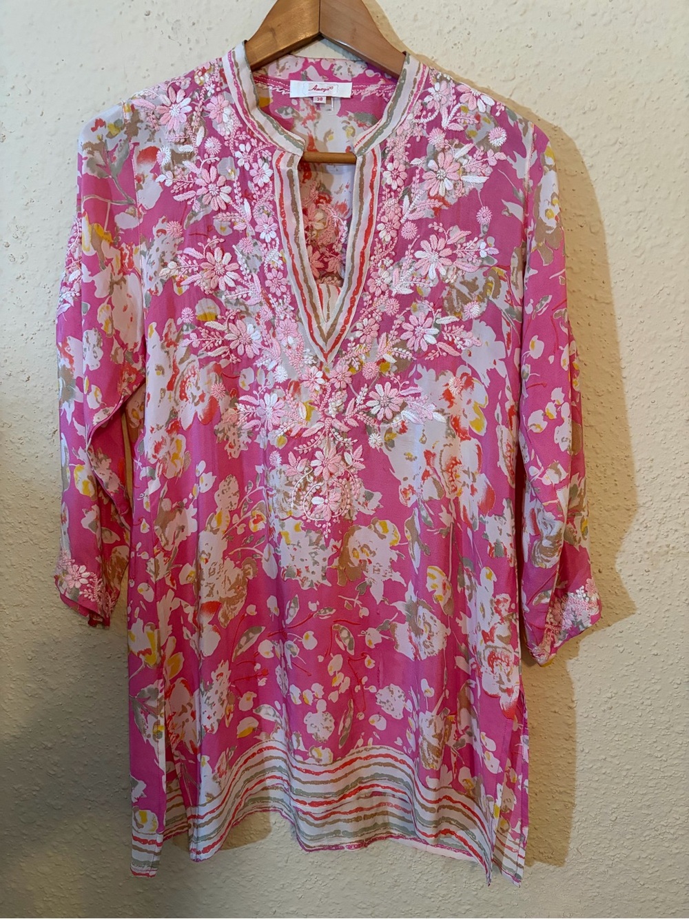 Maya Pink Floral Embroidered V-Neck Tunic